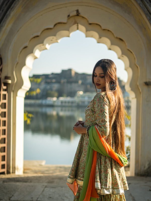 Traditional Handblock Print Green Cotton Lehenga Set with Dual-Shade Dupatta
