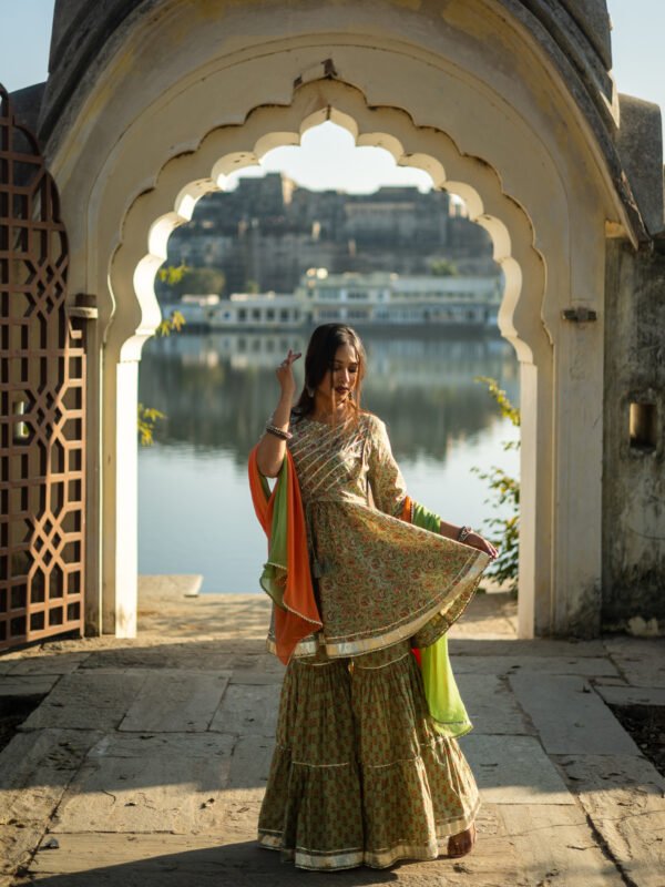 Traditional Handblock Print Green Cotton Lehenga Set with Dual-Shade Dupatta