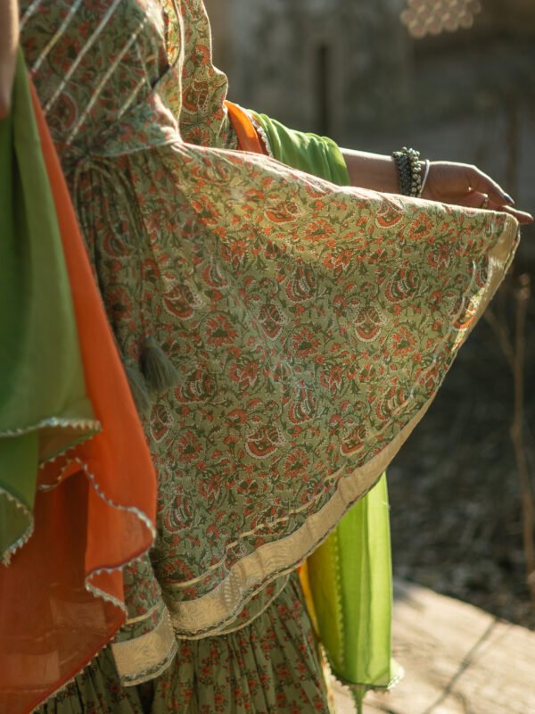 Traditional Handblock Print Green Cotton Lehenga Set with Dual-Shade Dupatta