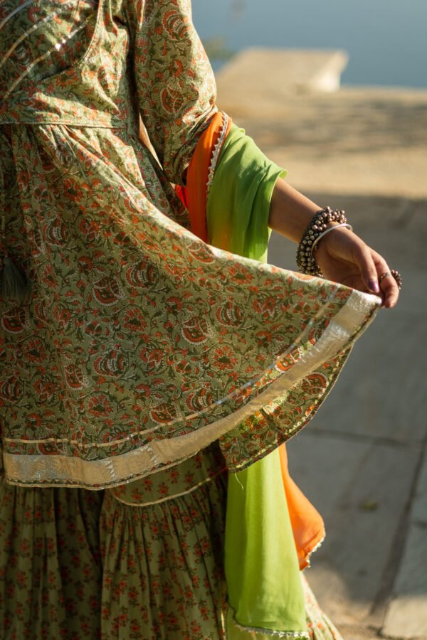 Traditional Handblock Print Green Cotton Lehenga Set with Dual-Shade Dupatta
