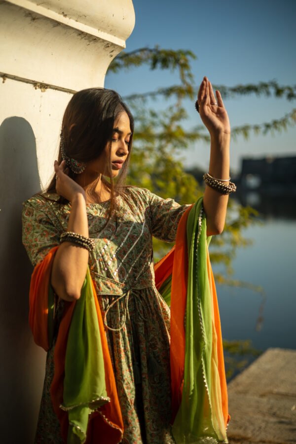 Traditional Handblock Print Green Cotton Lehenga Set with Dual-Shade Dupatta