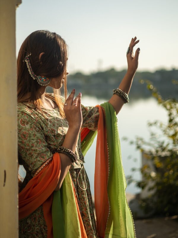 Traditional Handblock Print Green Cotton Lehenga Set with Dual-Shade Dupatta