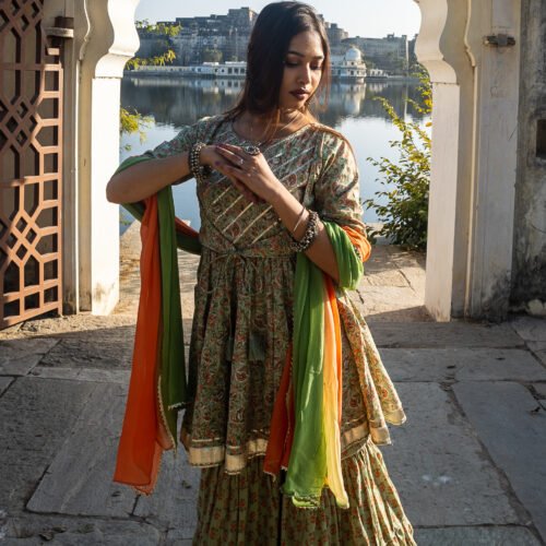 Traditional Handblock Print Green Cotton Lehenga Set with Dual-Shade Dupatta