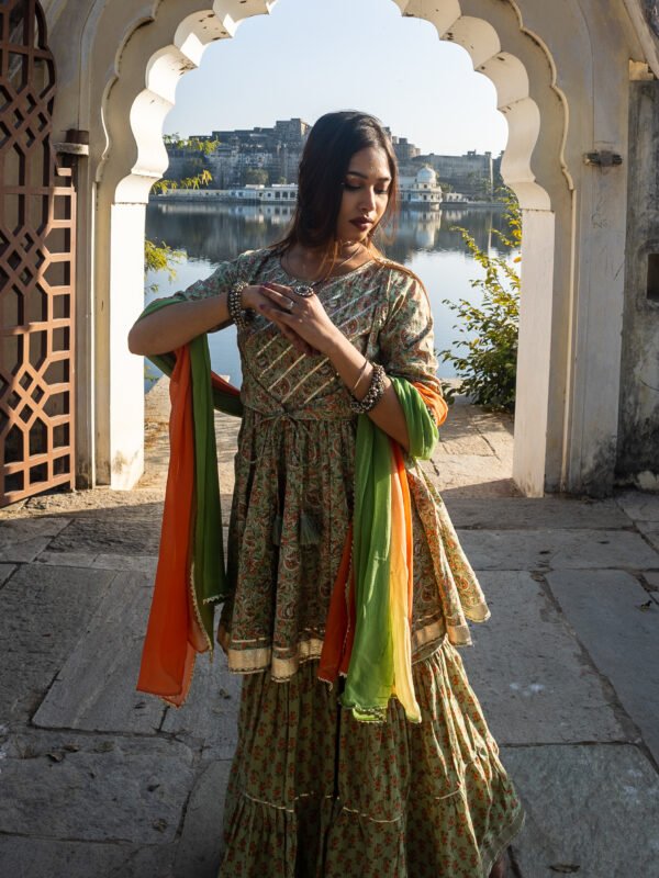 Traditional Handblock Print Green Cotton Lehenga Set with Dual-Shade Dupatta