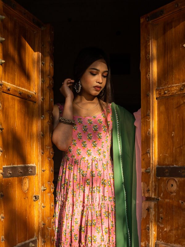 Elegant Handblock Printed Pink Cotton Anarkali Set with Dupatta