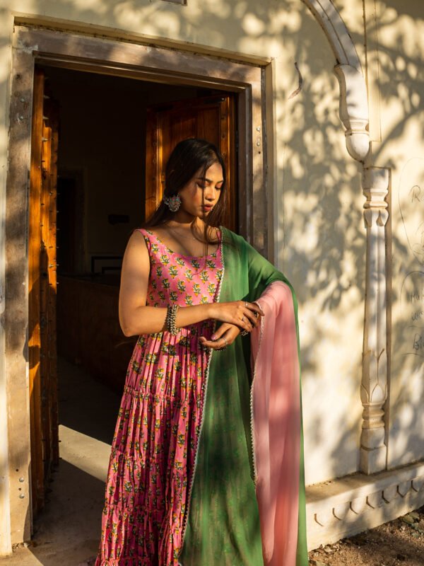 Elegant Handblock Printed Pink Cotton Anarkali Set with Dupatta