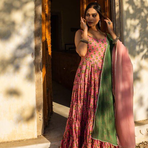 Elegant Handblock Printed Pink Cotton Anarkali Set with Dupatta