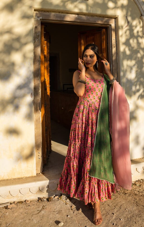 Elegant Handblock Printed Pink Cotton Anarkali Set with Dupatta