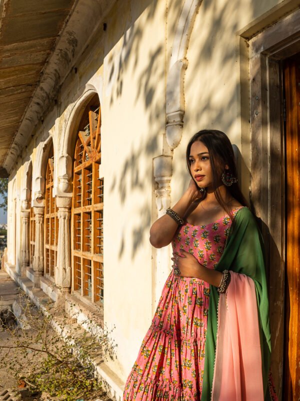 Elegant Handblock Printed Pink Cotton Anarkali Set with Dupatta