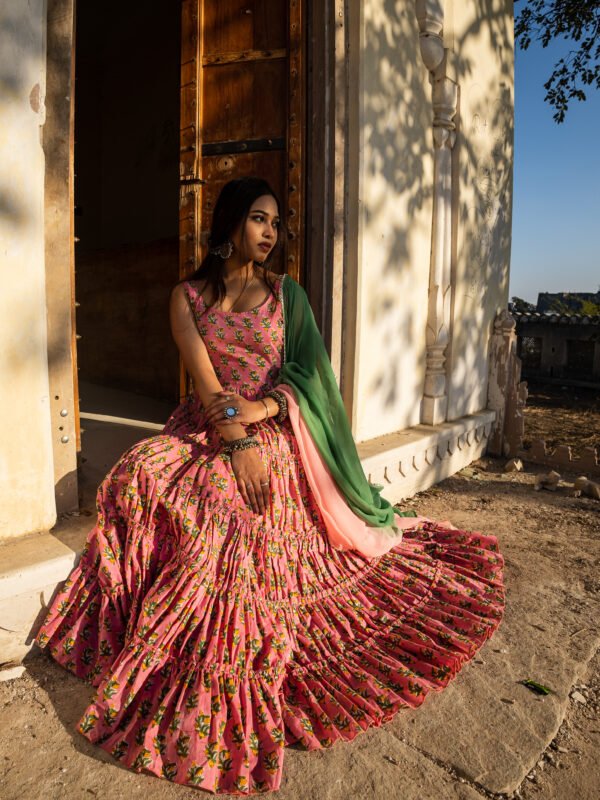 Elegant Handblock Printed Pink Cotton Anarkali Set with Dupatta