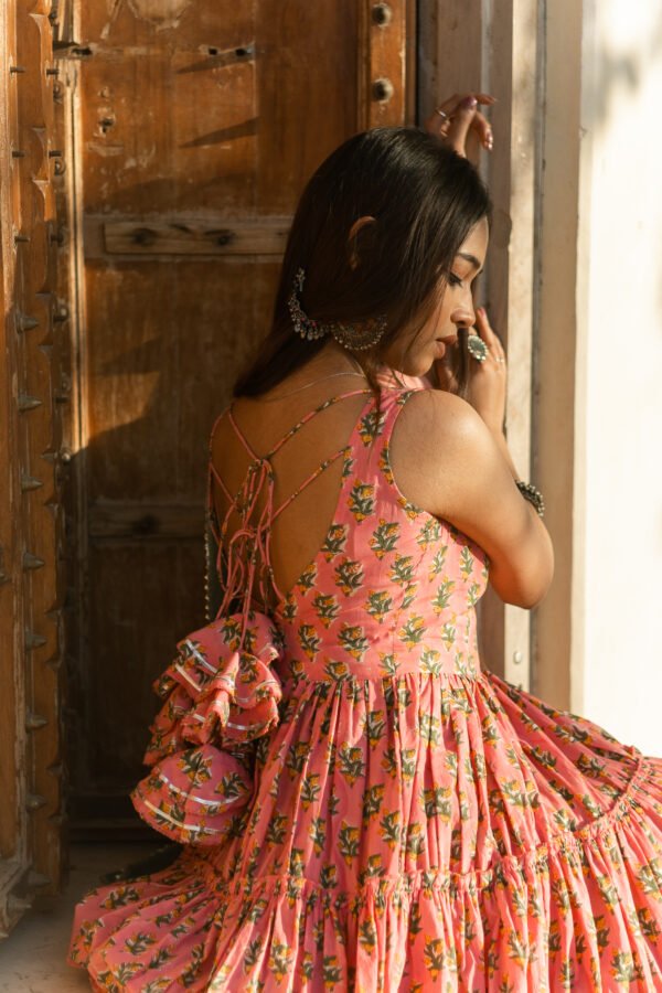 Elegant Handblock Printed Pink Cotton Anarkali Set with Dupatta