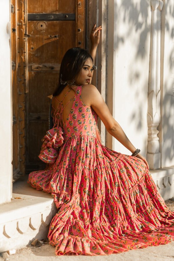 Elegant Handblock Printed Pink Cotton Anarkali Set with Dupatta