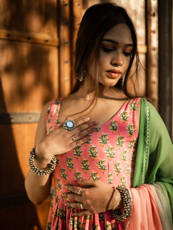 Elegant Handblock Printed Pink Cotton Anarkali Set with Dupatta