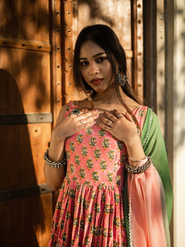 Elegant Handblock Printed Pink Cotton Anarkali Set with Dupatta