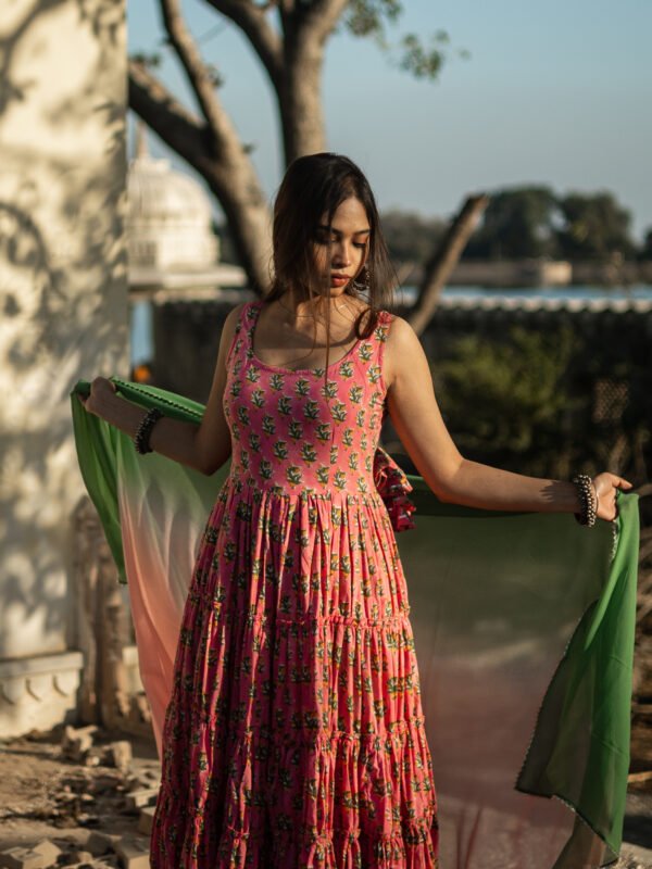 Elegant Handblock Printed Pink Cotton Anarkali Set with Dupatta