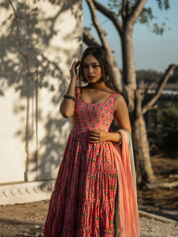 Elegant Handblock Printed Pink Cotton Anarkali Set with Dupatta