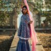 Navy Blue Handblock Printed Sharara Set with Pink Dupatta