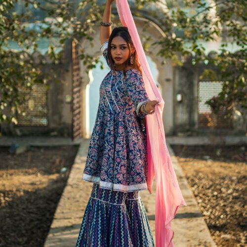 Navy Blue Handblock Printed Sharara Set with Pink Dupatta