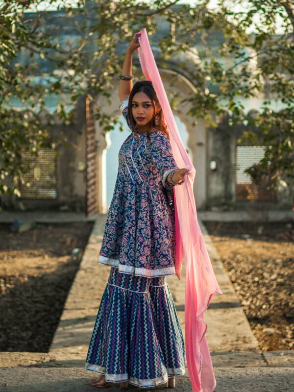 Navy Blue Handblock Printed Sharara Set with Pink Dupatta