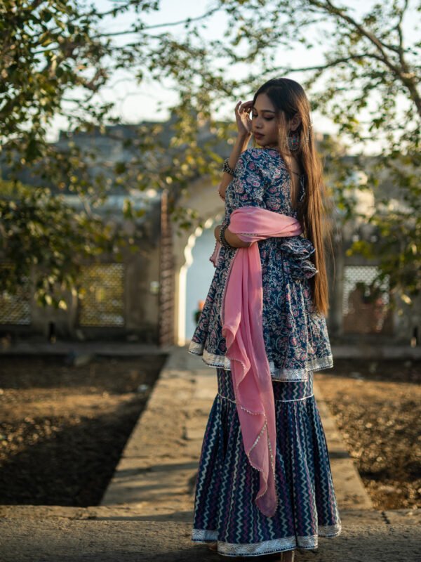 Navy Blue Handblock Printed Sharara Set with Pink Dupatta