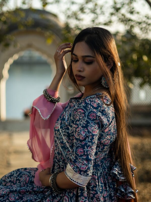 Navy Blue Handblock Printed Sharara Set with Pink Dupatta