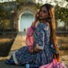 Navy Blue Handblock Printed Sharara Set with Pink Dupatta