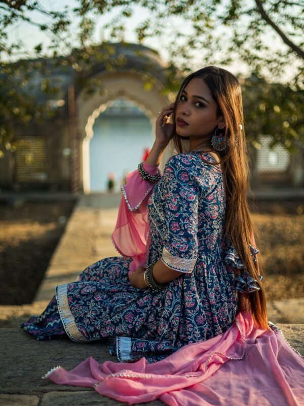 Navy Blue Handblock Printed Sharara Set with Pink Dupatta
