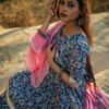 Navy Blue Handblock Printed Sharara Set with Pink Dupatta