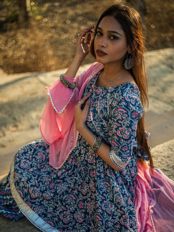 Navy Blue Handblock Printed Sharara Set with Pink Dupatta