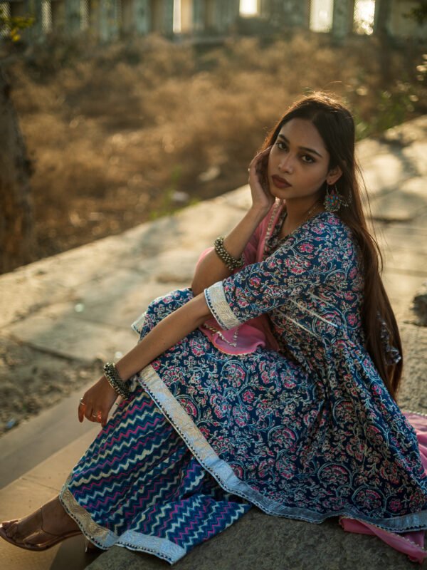 Navy Blue Handblock Printed Sharara Set with Pink Dupatta