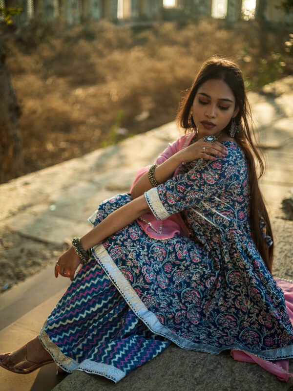 Navy Blue Handblock Printed Sharara Set with Pink Dupatta
