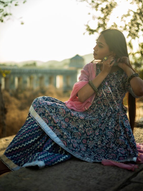 Navy Blue Handblock Printed Sharara Set with Pink Dupatta