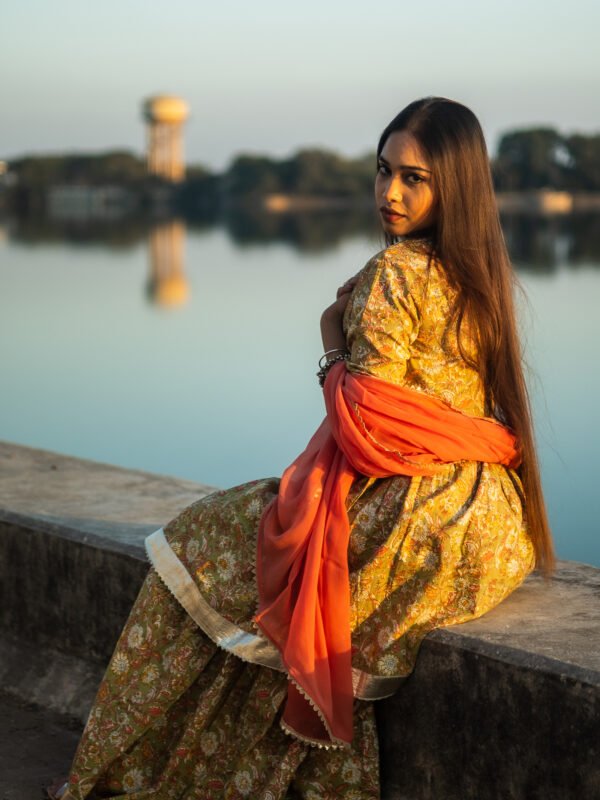 Mustard Yellow Handblock Printed Anarkali Kurta Set with Dupatta