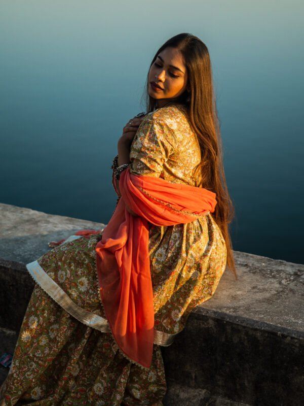 Mustard Yellow Handblock Printed Anarkali Kurta Set with Dupatta