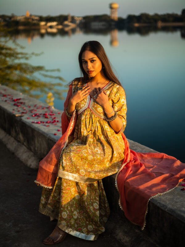 Mustard Yellow Handblock Printed Anarkali Kurta Set with Dupatta