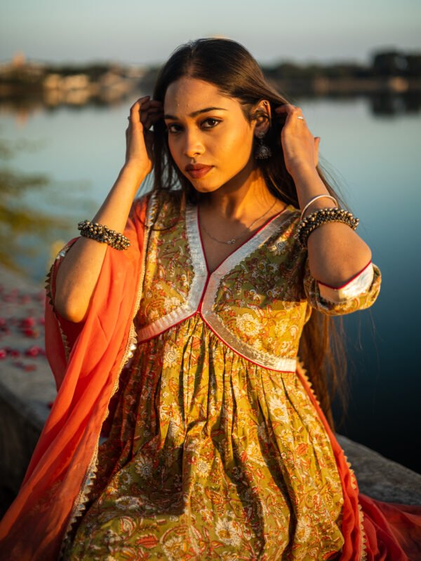 Mustard Yellow Handblock Printed Anarkali Kurta Set with Dupatta