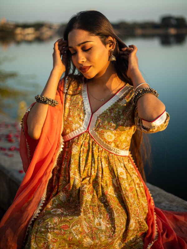 Mustard Yellow Handblock Printed Anarkali Kurta Set with Dupatta