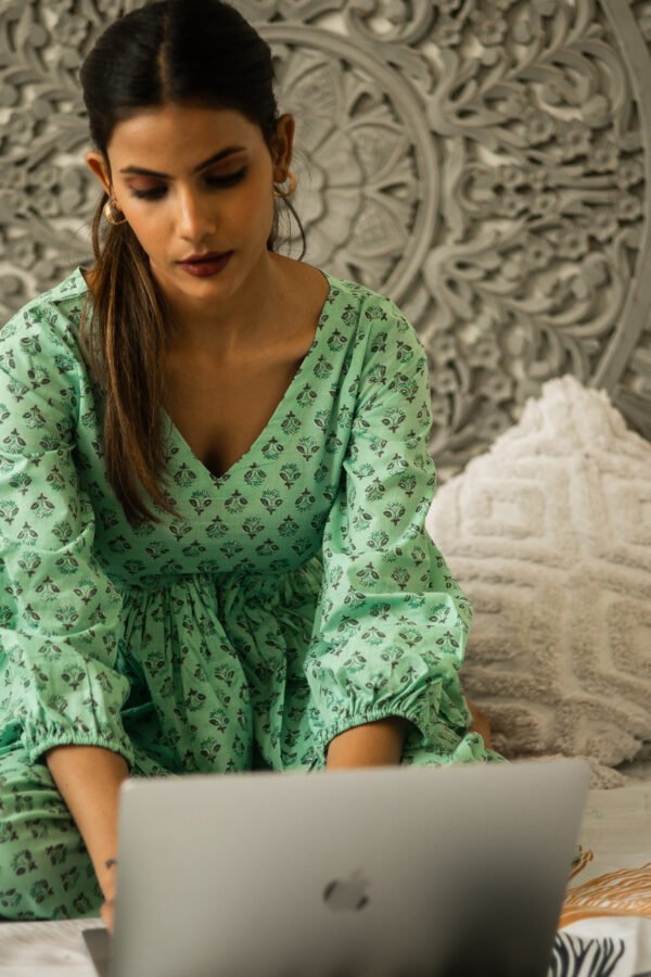 Mint Green Handblock Printed Cotton Loungewear Set