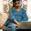 Handmade Pure Cotton Blue Printed Lounge Kurta Set – Comfort Meets Elegance