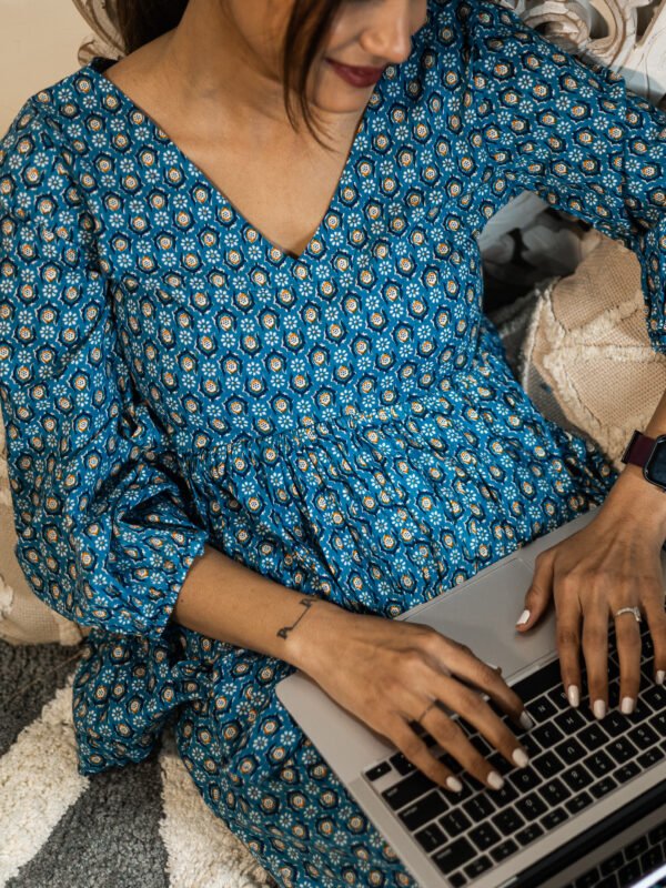 Handmade Pure Cotton Blue Printed Lounge Kurta Set – Comfort Meets Elegance