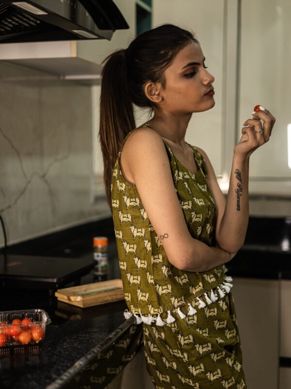 Olive Green Handblock Printed Cotton Co-ord Set with Tassel Detailing