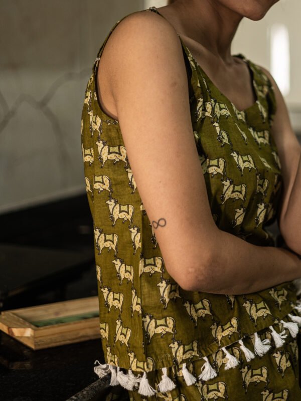 Olive Green Handblock Printed Cotton Co-ord Set with Tassel Detailing