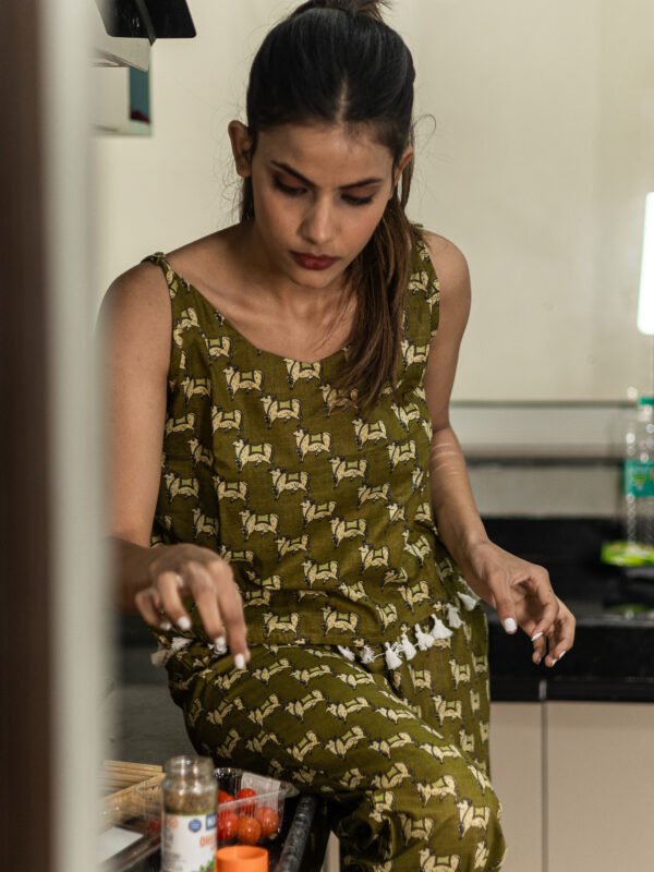 Olive Green Handblock Printed Cotton Co-ord Set with Tassel Detailing
