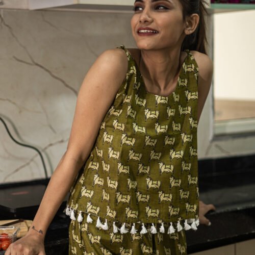 Olive Green Handblock Printed Cotton Co-ord Set with Tassel Detailing