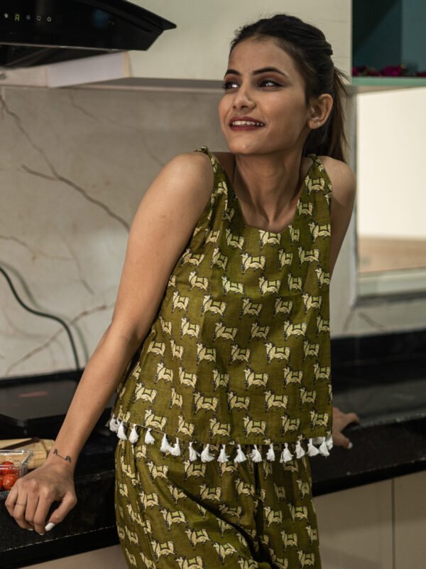 Olive Green Handblock Printed Cotton Co-ord Set with Tassel Detailing