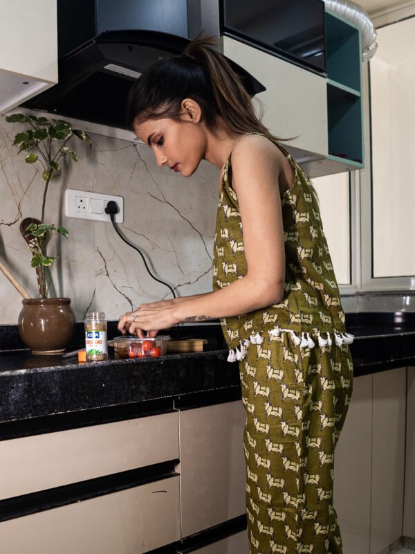 Olive Green Handblock Printed Cotton Co-ord Set with Tassel Detailing