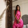 Hot Pink Bandhani Printed Halter Neck Cotton Dress