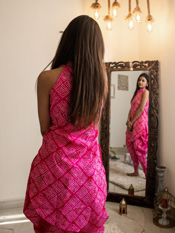 Hot Pink Bandhani Printed Halter Neck Cotton Dress