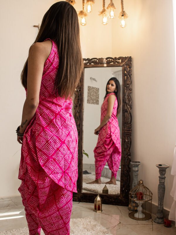 Hot Pink Bandhani Printed Halter Neck Cotton Dress