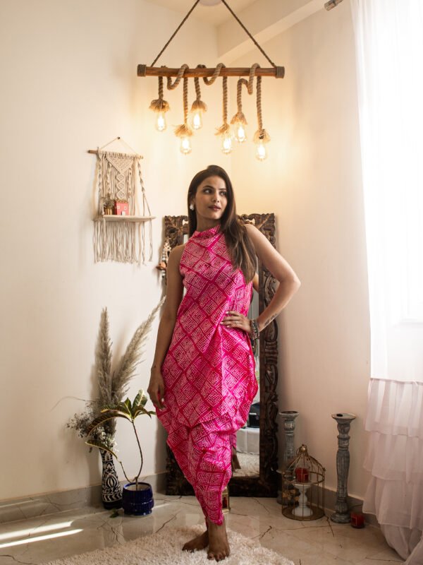 Hot Pink Bandhani Printed Halter Neck Cotton Dress